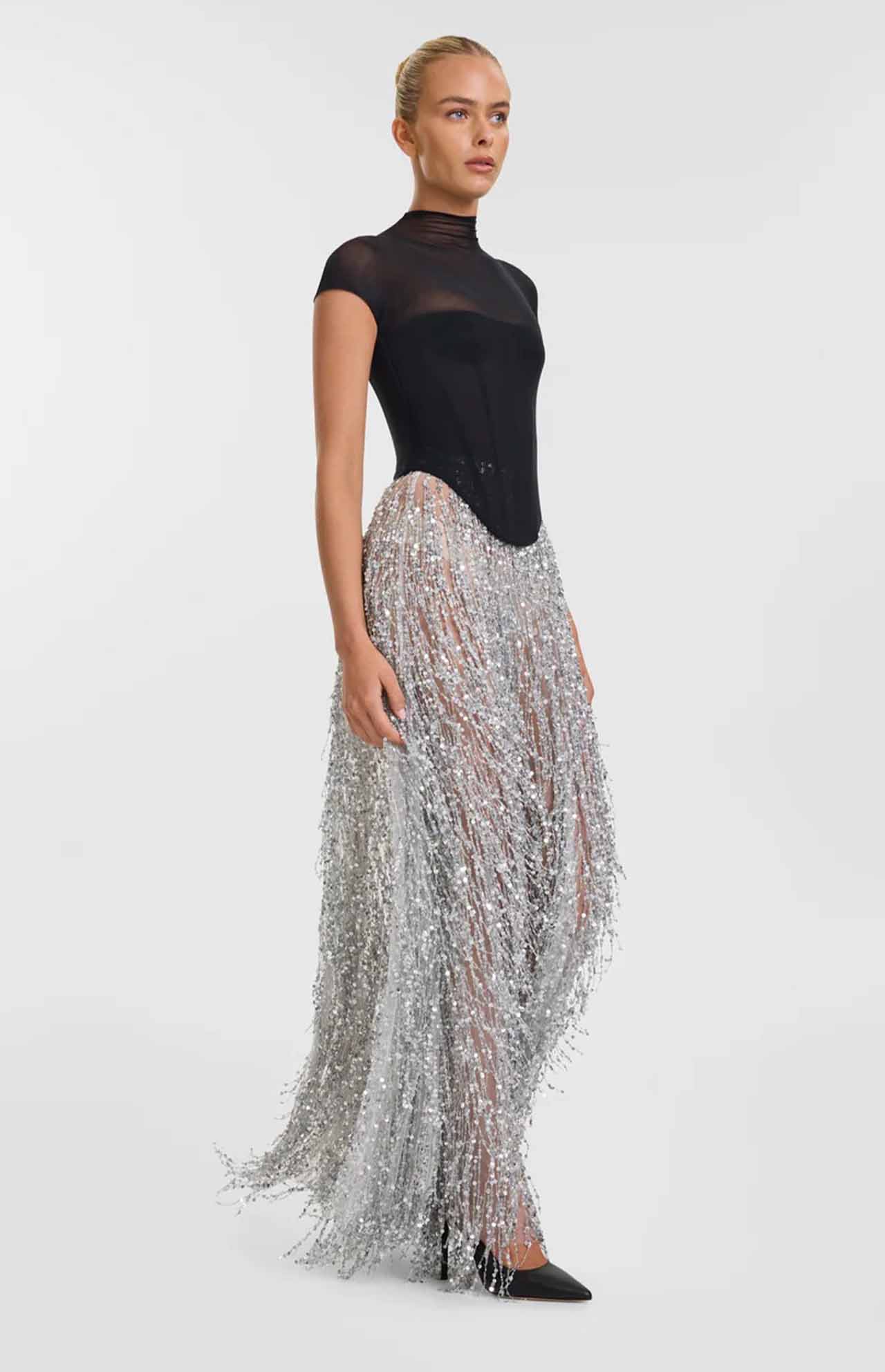 Auza Corset Top Silver Fringe Skirt Dress