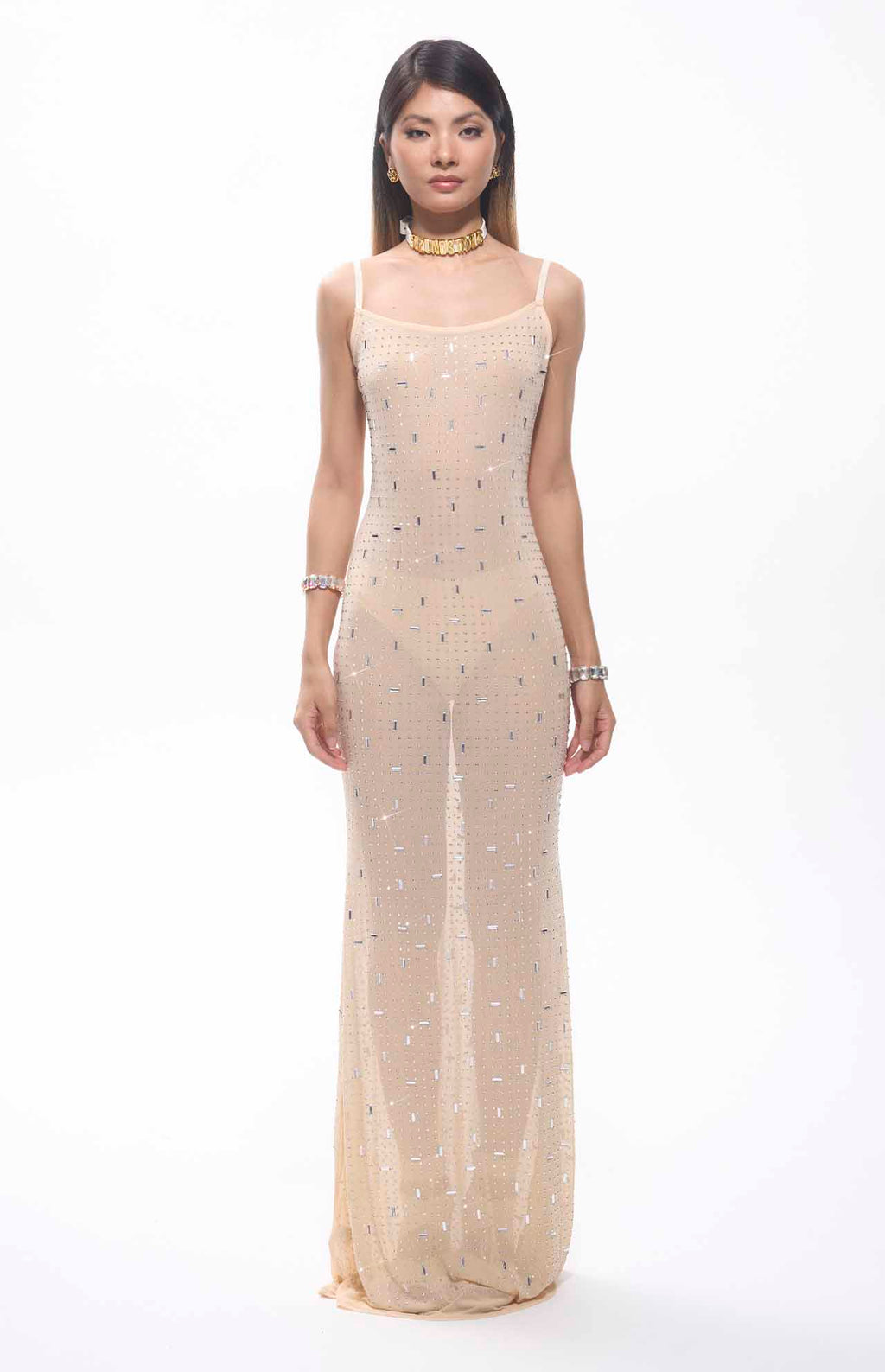 Frema Diamante Mesh Maxi Evening Dress Nude
