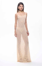 Frema Diamante Mesh Maxi Evening Dress Nude
