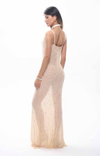 Frema Diamante Mesh Maxi Evening Dress Nude