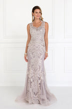 Mesh Mermaid Long Dress with Embroidery and Jewels Embellished