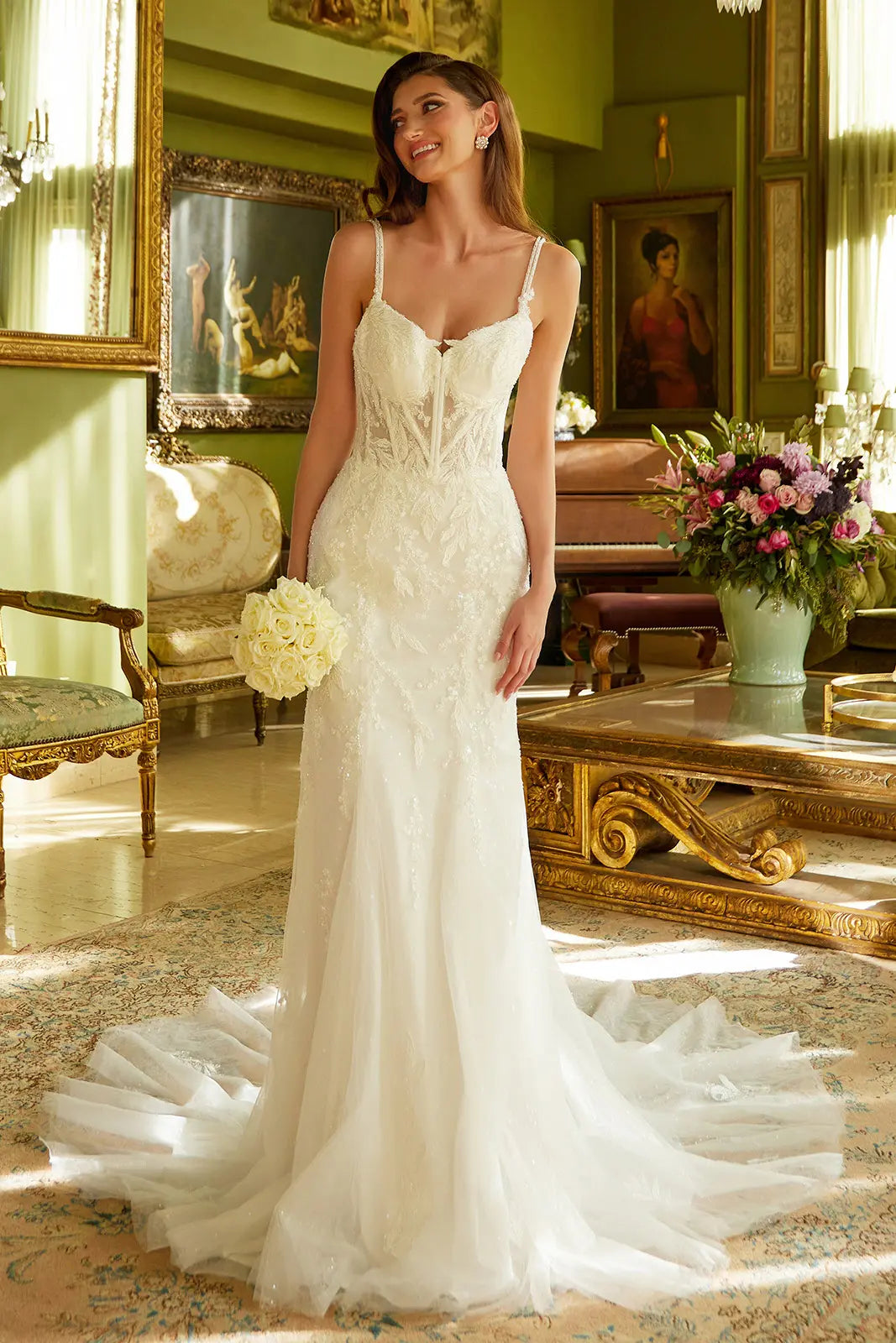 Fitted Wedding Dress A Double Spaghetti-Strap, V-Neckline Corset Bodice.