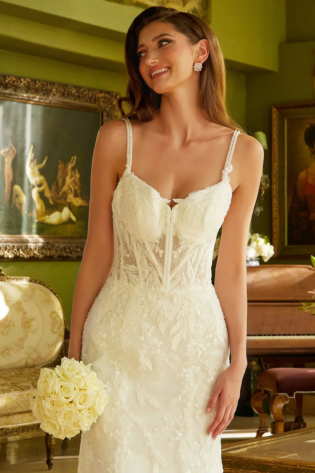 Fitted Wedding Dress A Double Spaghetti-Strap, V-Neckline Corset Bodice.