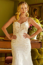 Trumpet silhouette wedding dress with sequin embroidery and thin beaded straps