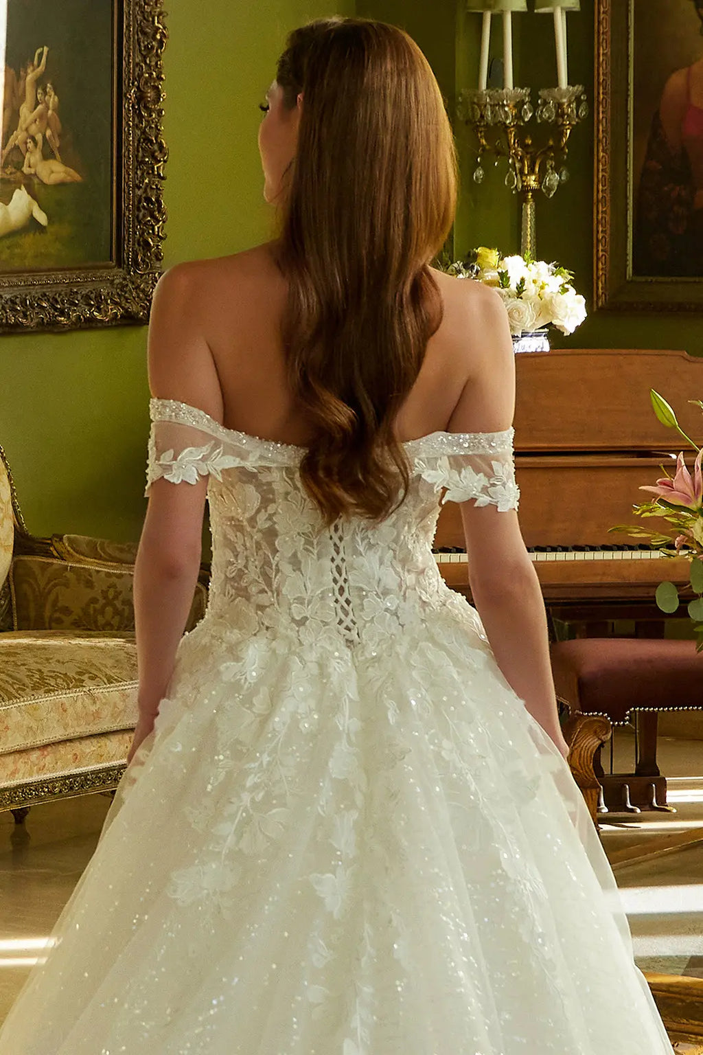 A-Line Wedding Dress With Off-The-Shoulder Detailing, Beading, Sequins And Floral Embroidery