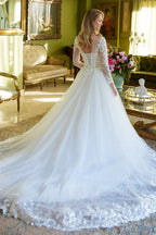 A-Line Silhouette Wedding Dress Has An Illusion V-Neckline Corset Bodice