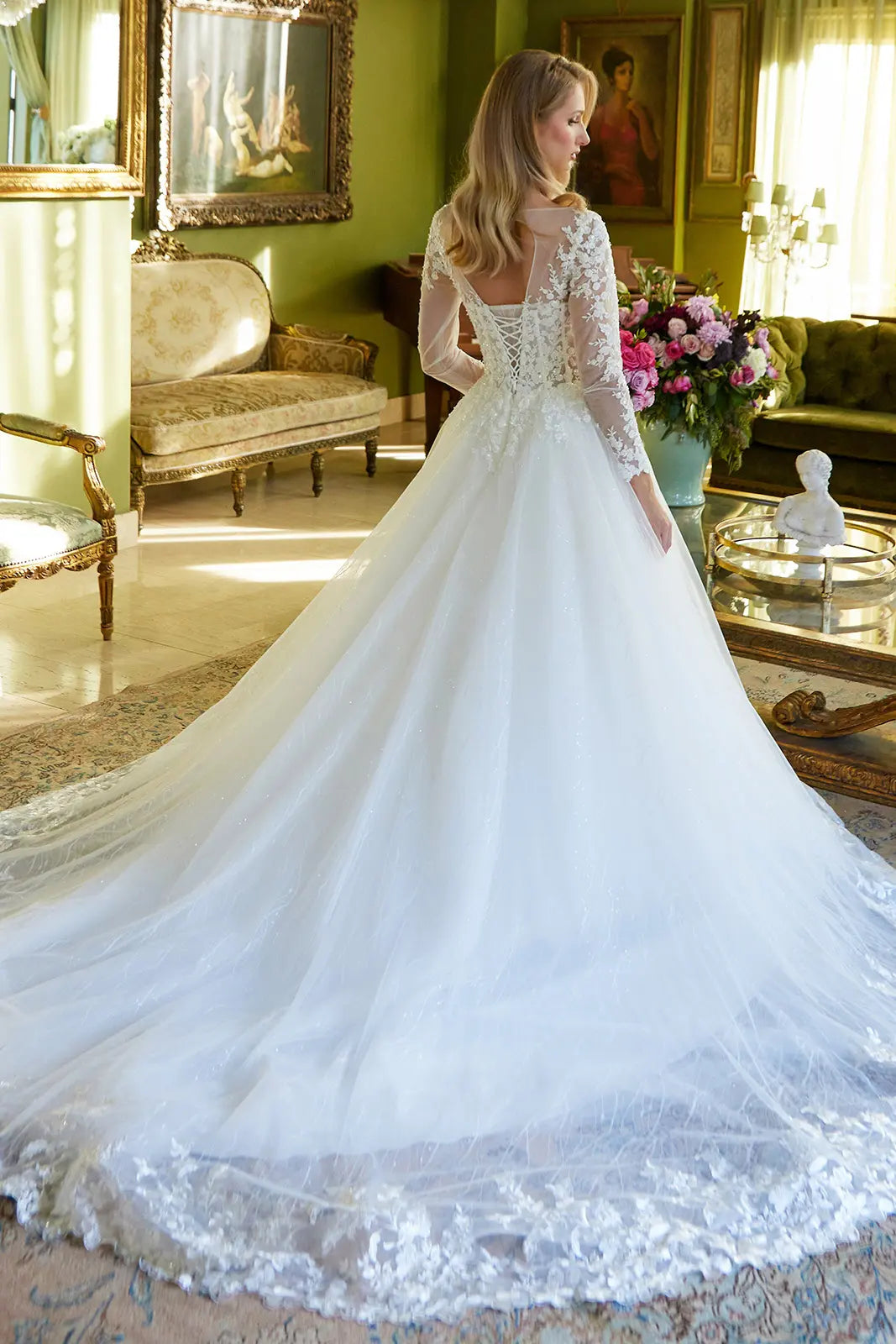 A-Line Silhouette Wedding Dress Has An Illusion V-Neckline Corset Bodice