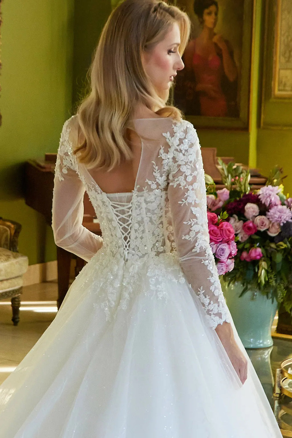 A-Line Silhouette Wedding Dress Has An Illusion V-Neckline Corset Bodice