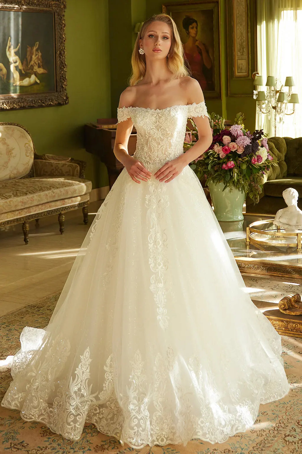 A-Line Silhouette, Sweetheart Neckline, Off-Shoulder, Embroidery Beads And Sequins