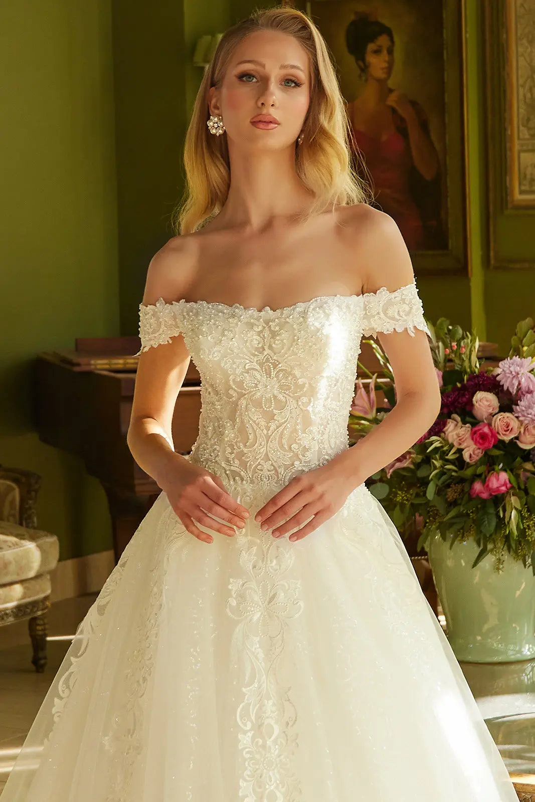 A-Line Silhouette, Sweetheart Neckline, Off-Shoulder, Embroidery Beads And Sequins
