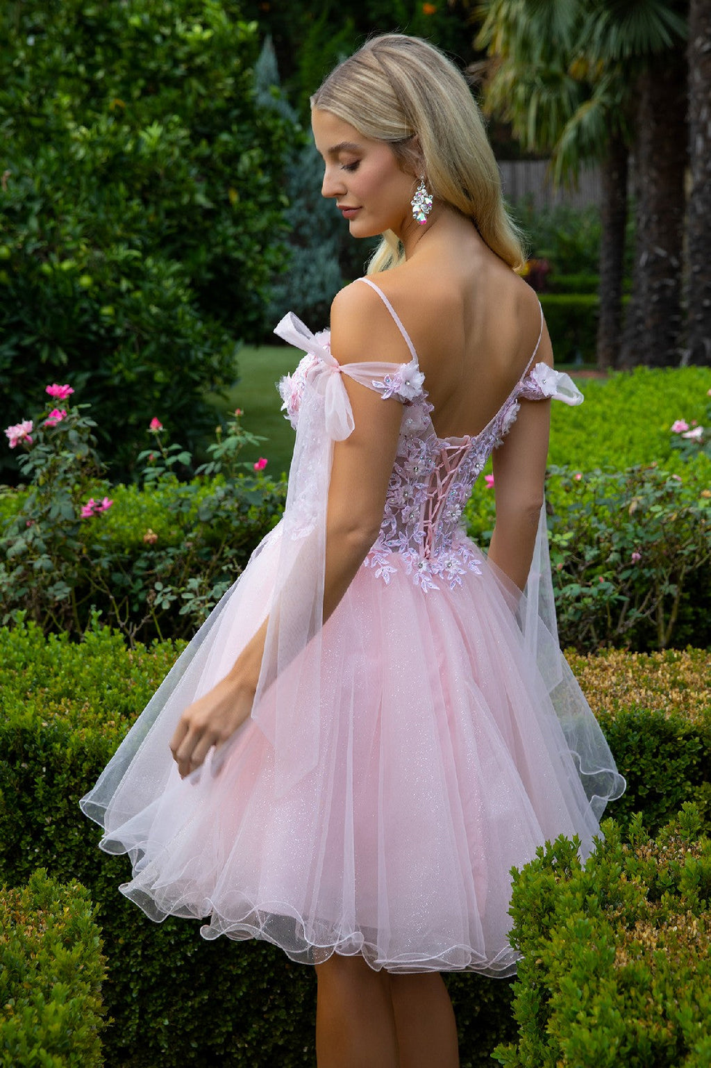 3D Flower and Embroidery Embellished Glitter Mesh Homecoming Dress w/ Lace-Up Back