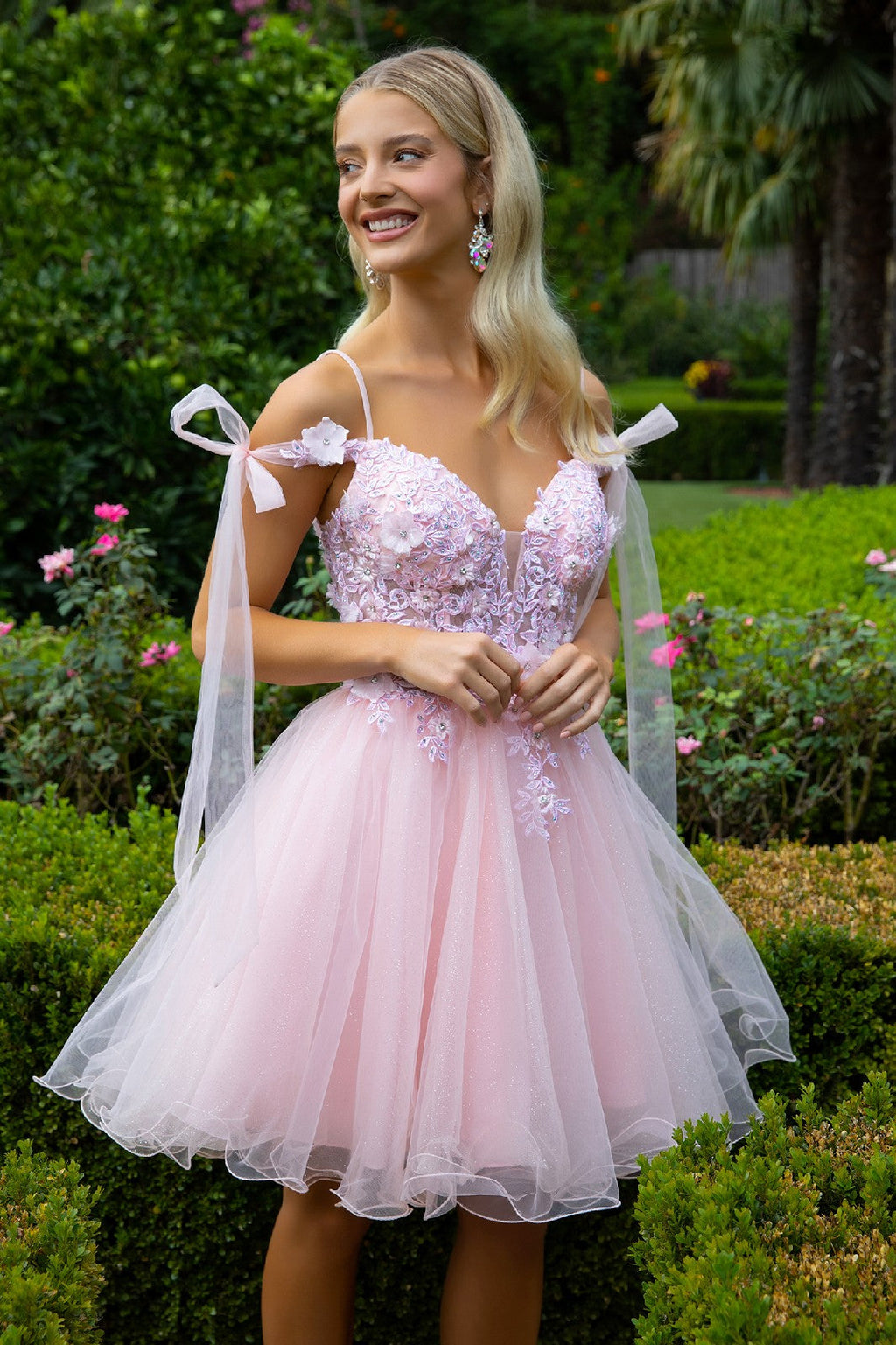 3D Flower and Embroidery Embellished Glitter Mesh Homecoming Dress w/ Lace-Up Back