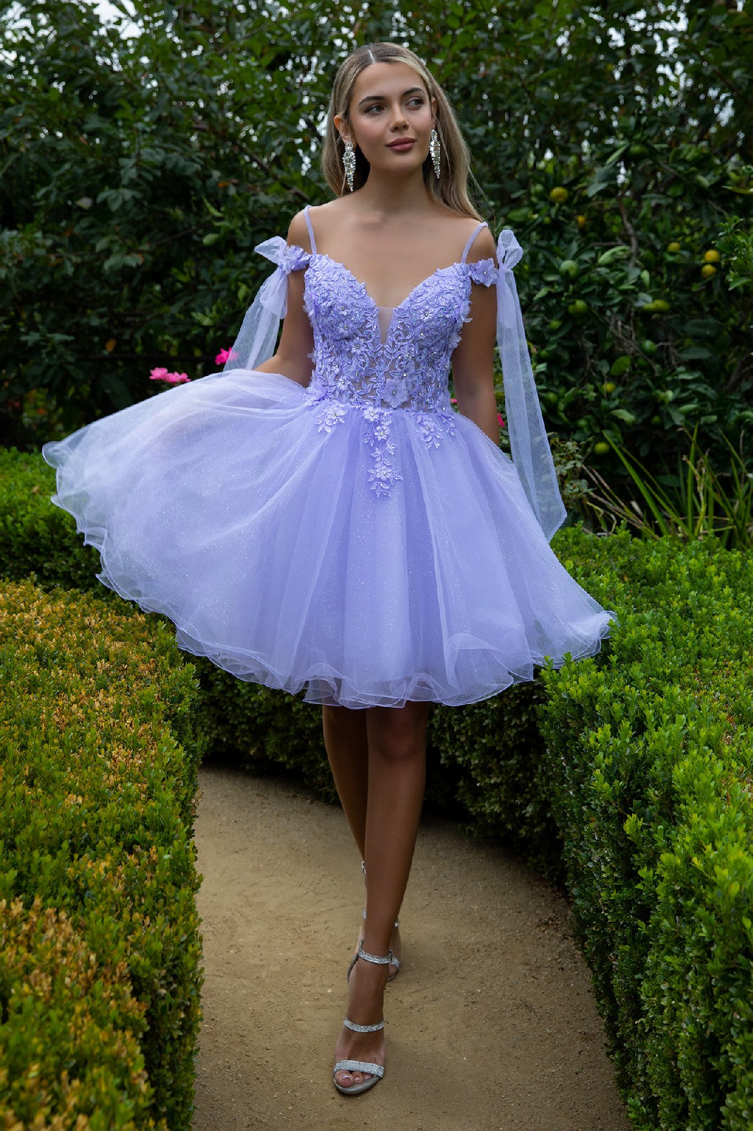 3D Flower and Embroidery Embellished Glitter Mesh Homecoming Dress w/ Lace-Up Back