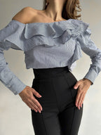 One-Shoulder Ruffle Blouse | Blue & White Stripe Asymmetric Top | GLOWSYOU-10