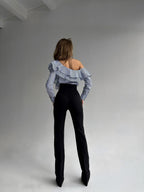 One-Shoulder Ruffle Blouse | Blue & White Stripe Asymmetric Top | GLOWSYOU-11