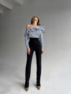 double ruffle neckline on one-shoulder blouse in blue and white striped cotton