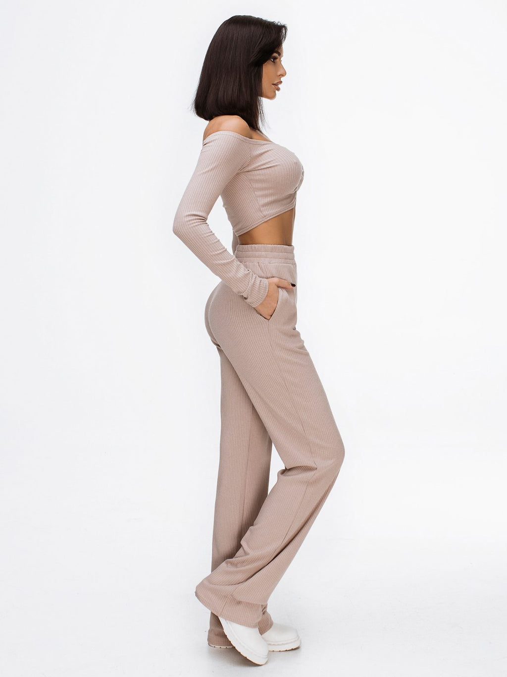 Off-Shoulder Crop Top & Pants Set – Two-Piece Lounge Outfit | GLOWSYOU-14
