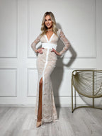 Formal Lace & Silk Maxi Dress in White, Black, pink | Elegant Romantic Evening wear