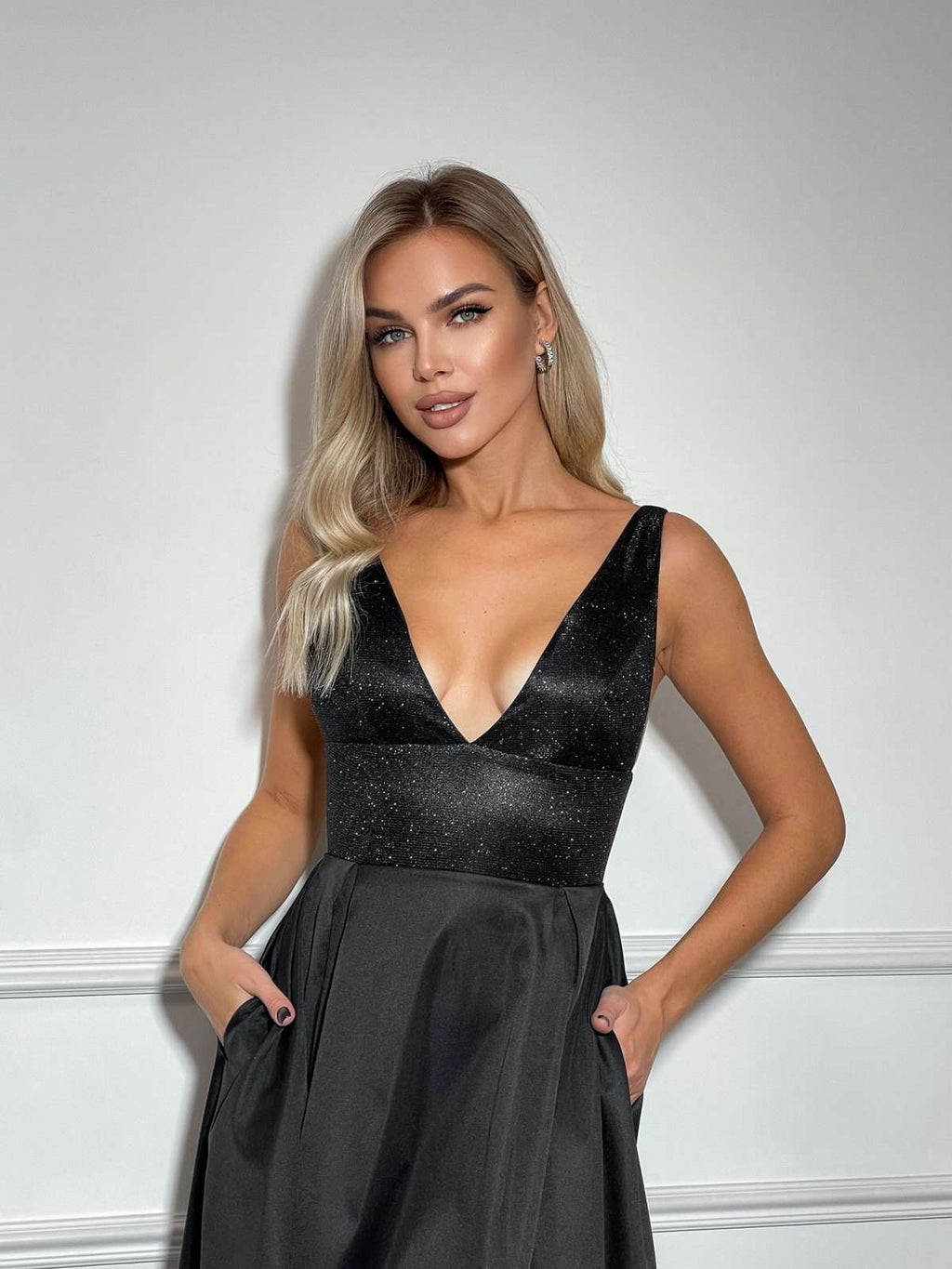 Sparkly Glitter Deep Neckline and Open Back Dress with High-Low Pleated Skirt and Pockets In Black-9