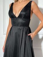 Sparkly Glitter Deep Neckline and Open Back Dress with High-Low Pleated Skirt and Pockets In Black-3