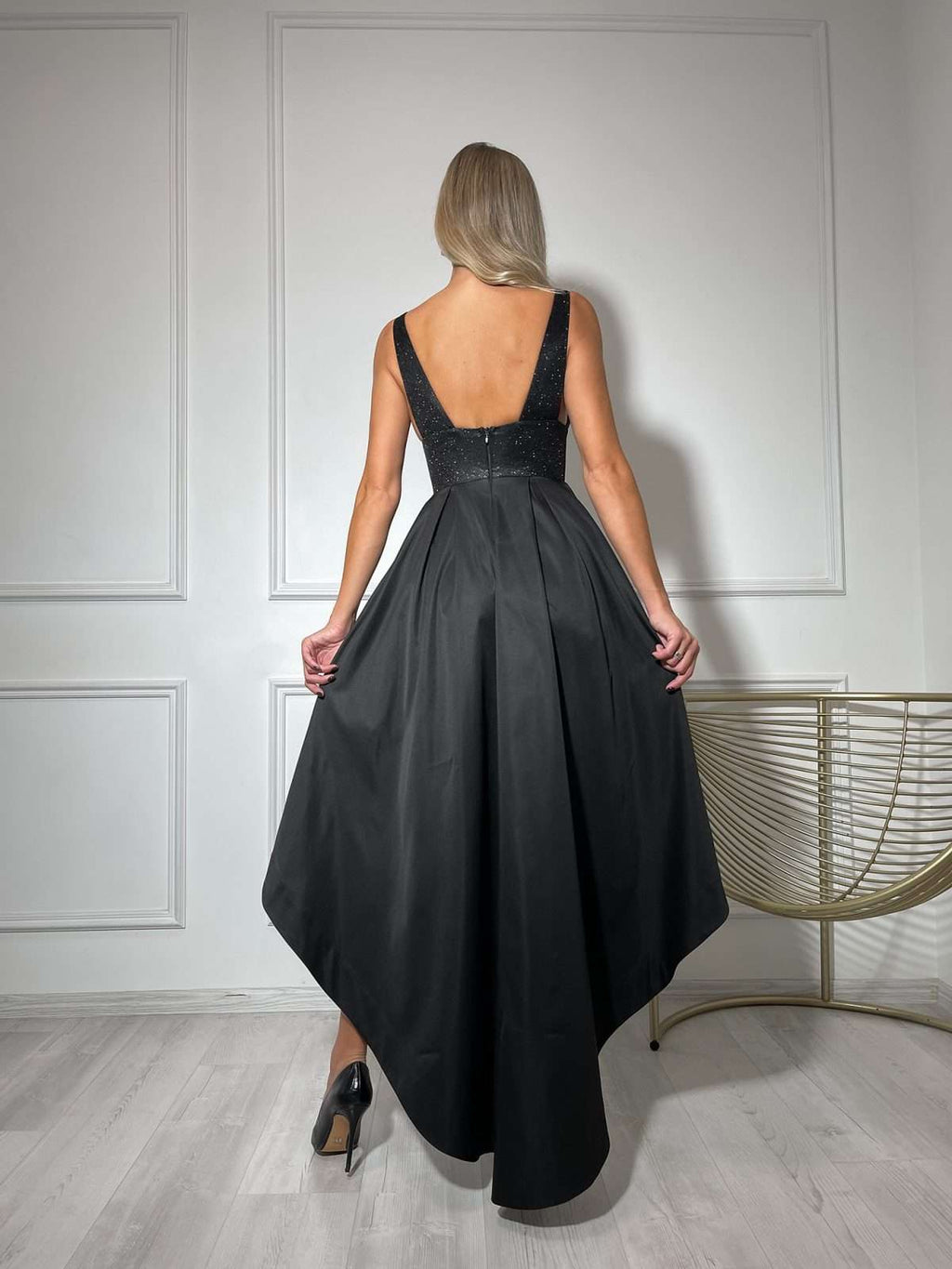 Sparkly Glitter Deep Neckline and Open Back Dress with High-Low Pleated Skirt and Pockets In Black-1