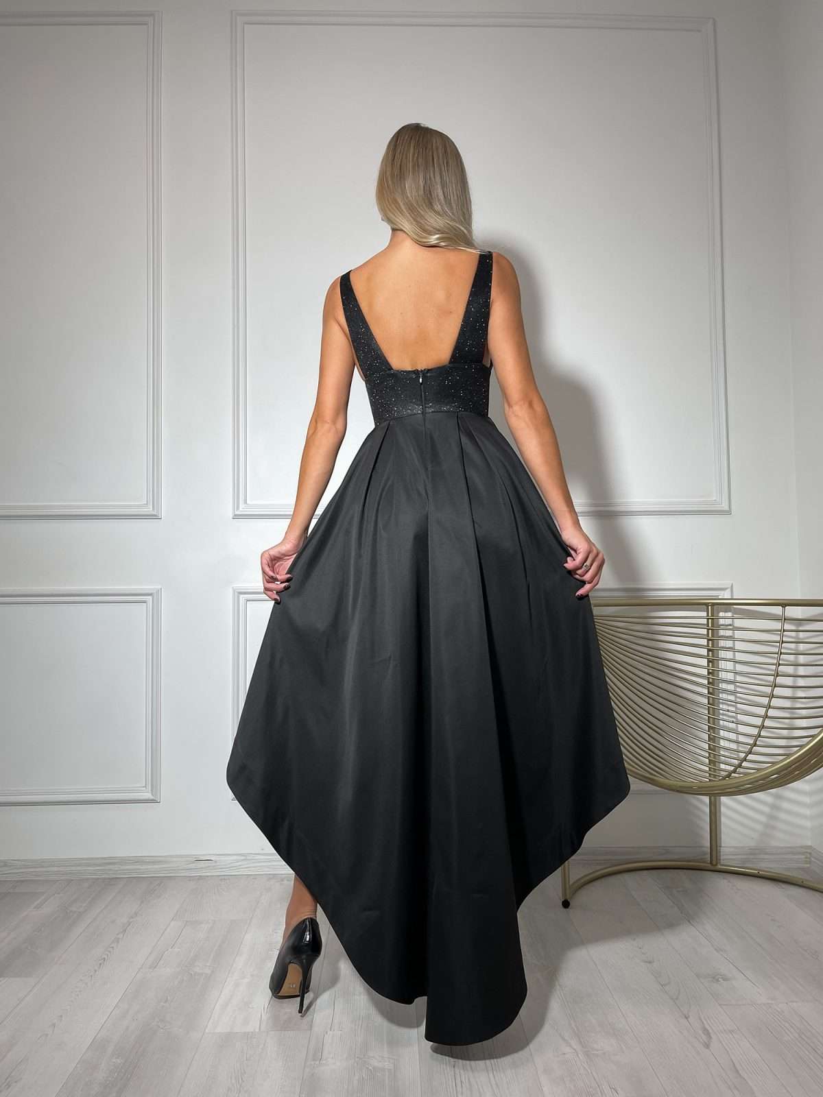 Sparkly Glitter Deep Neckline and Open Back Dress with High-Low Pleated Skirt and Pockets In Black-1