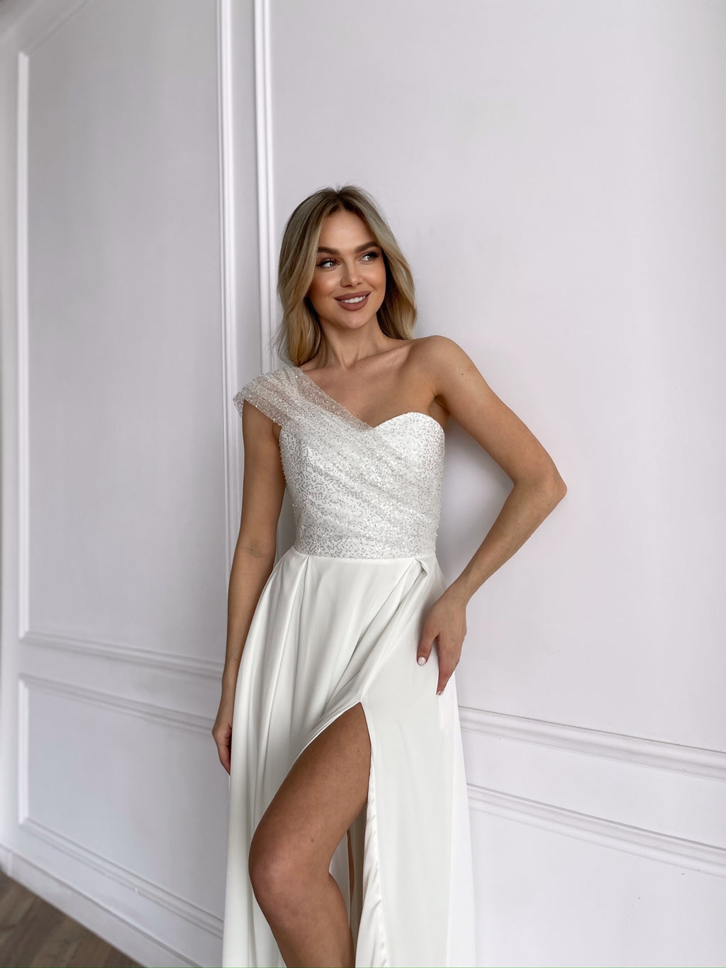 white civil ceremony dress with pockets