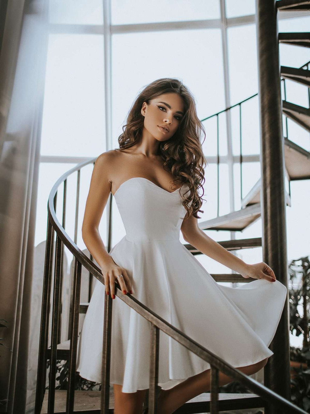 Short white formal dress with circle skirt short wedding dress