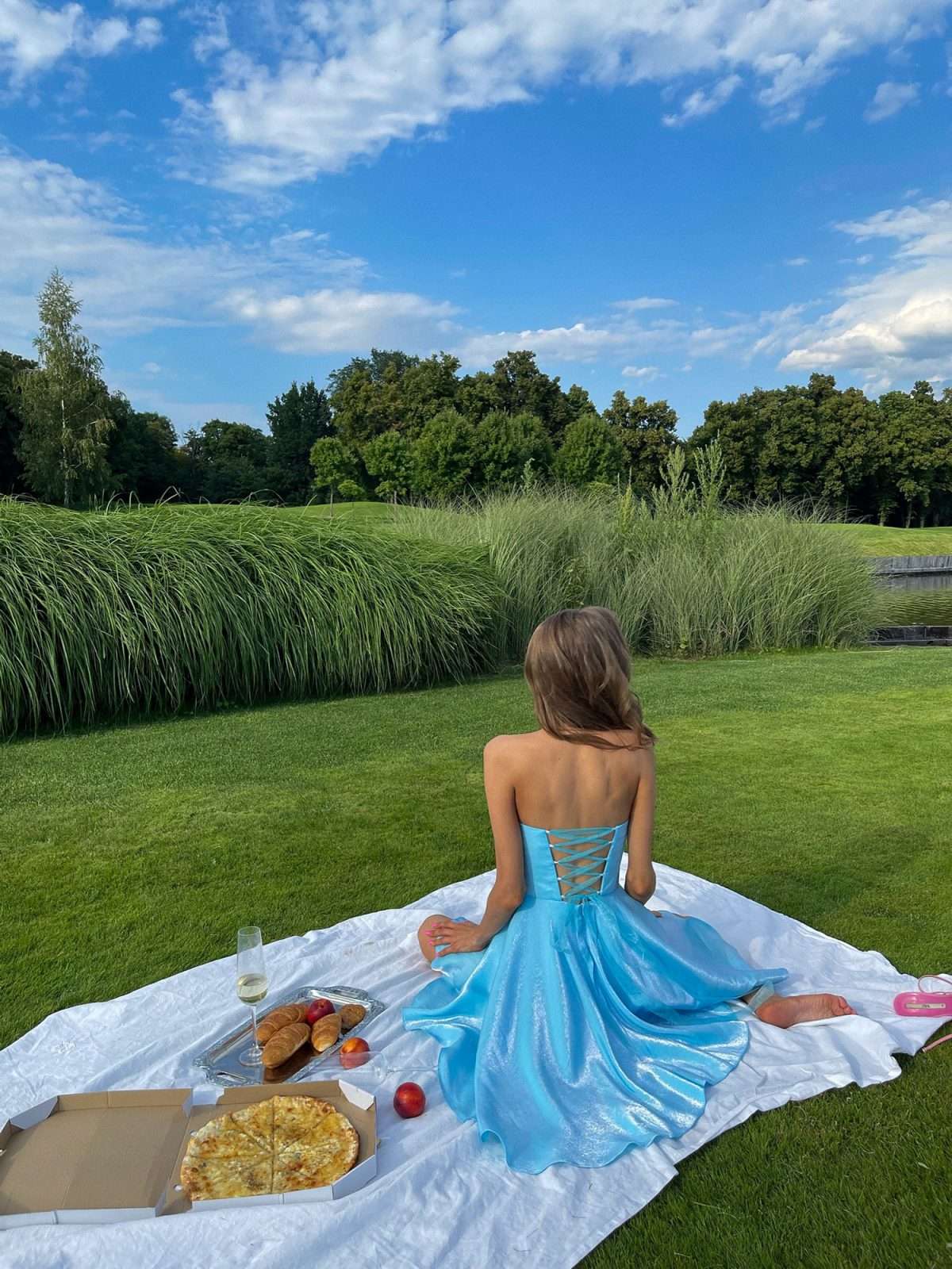 Chic Shoulder Bliss Short Dress with Circle Skirt and Corset Detail