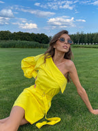 Sunlight Muse – Trendy Yellow, Black One-Shoulder Dress | Wedding Guest & Vacation Style