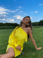 Sunlight Muse – Trendy Yellow, Black One-Shoulder Dress | Wedding Guest & Vacation Style