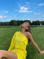 Sunlight Muse – Trendy Yellow, Black One-Shoulder Dress | Wedding Guest & Vacation Style