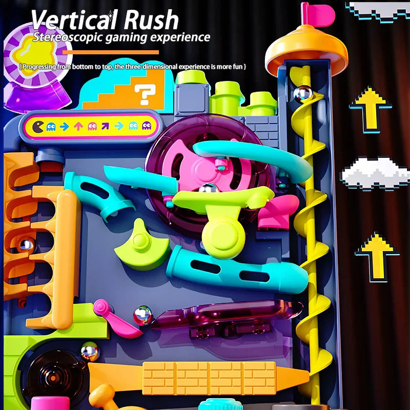 Edukacyjna zabawka Montessori — wielowarstwowa torowa gra przygodowa z torem kulkowym; interaktywny model rozwijający myślenie dla dzieci.