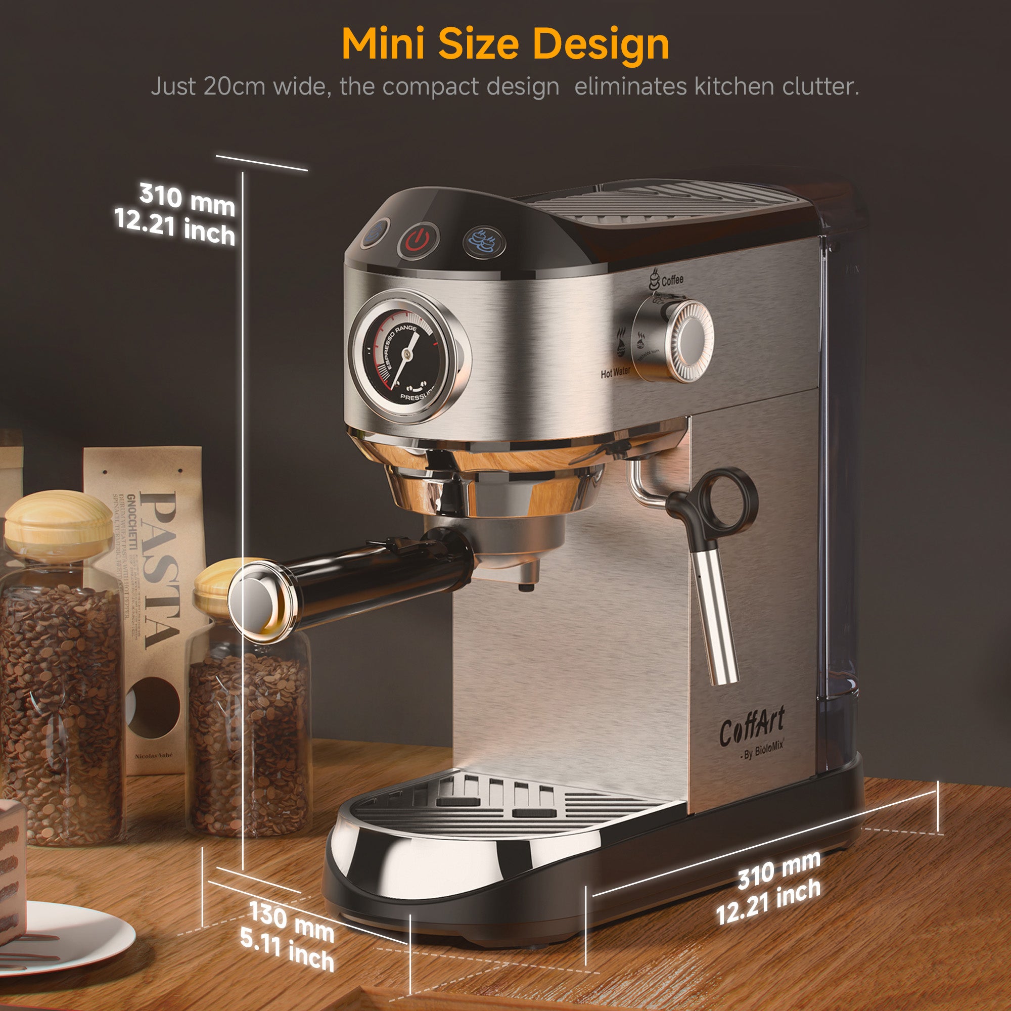 Ekspres do kawy BioloMix 20 Bar półautomatyczny z dyszą spieniającą do mleka do espresso, cappuccino, latte, mokki i specjalnych napojów kawowych
