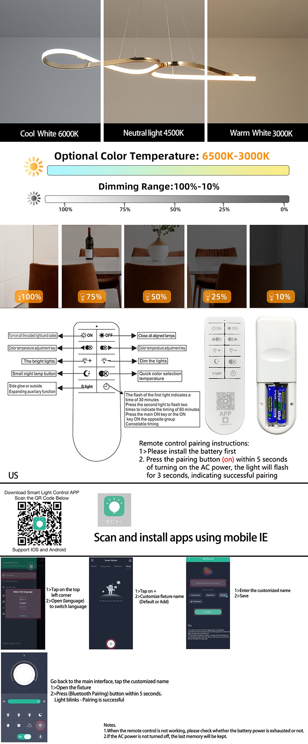 Lampa wisząca LED 100 cm, ściemnialna, z pilotem