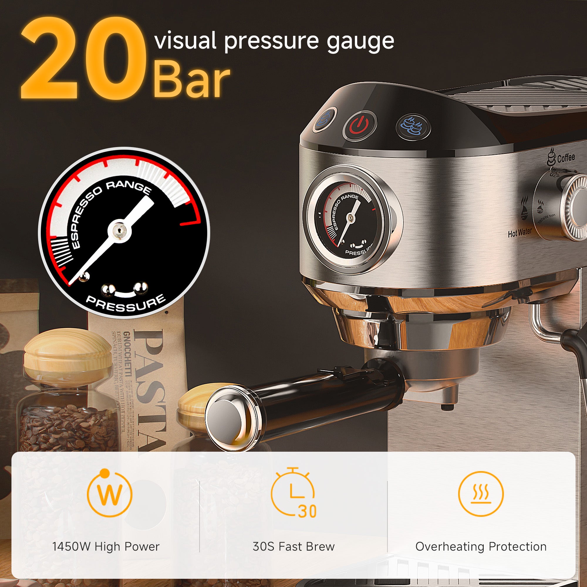 Ekspres do kawy BioloMix 20 Bar półautomatyczny z dyszą spieniającą do mleka do espresso, cappuccino, latte, mokki i specjalnych napojów kawowych