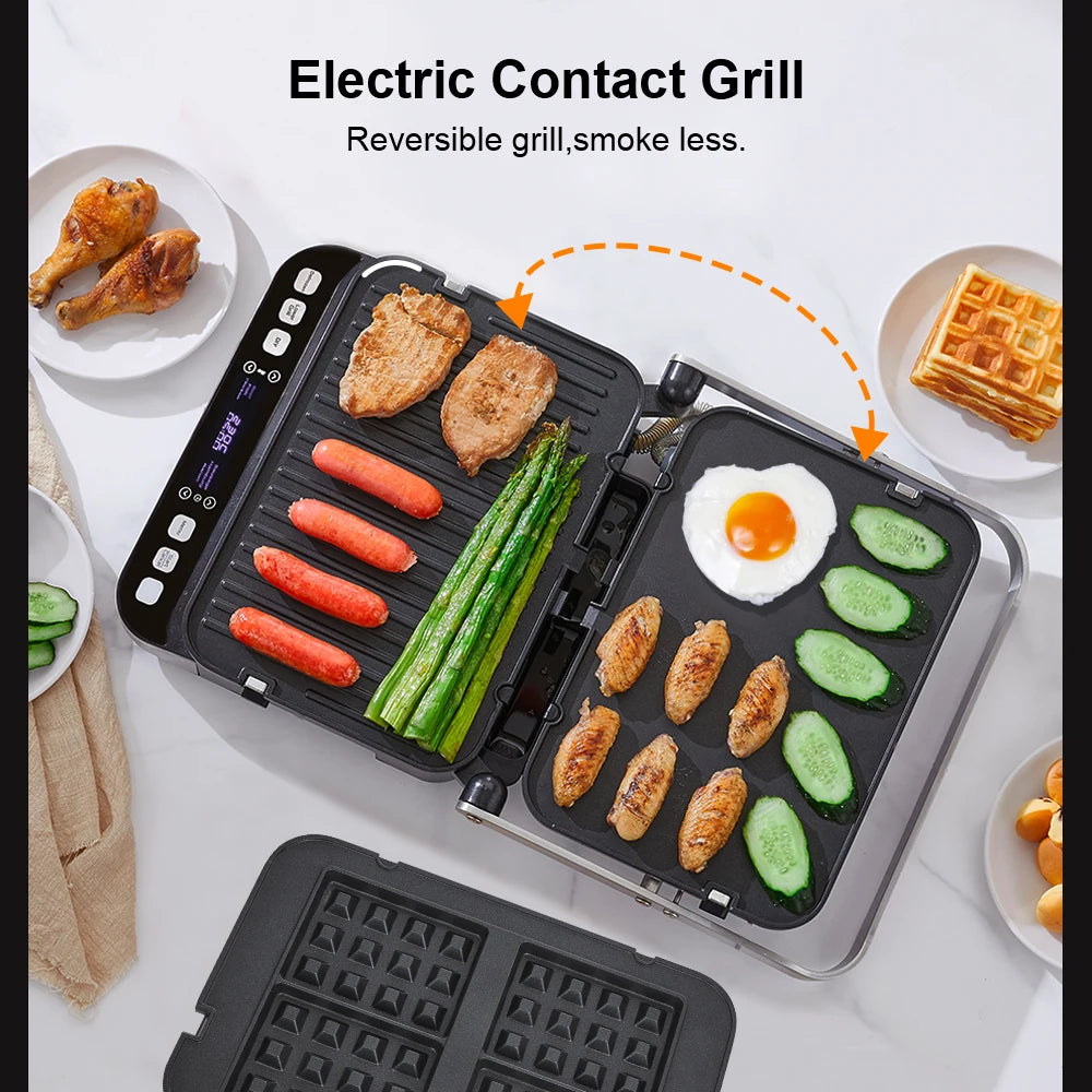 Cyfrowy grill kontaktowy BioloMix 2000 W z otwartą konstrukcją o kącie 180 stopni i opcjonalnymi płytami do gofrów do panini BBQ i nie tylko