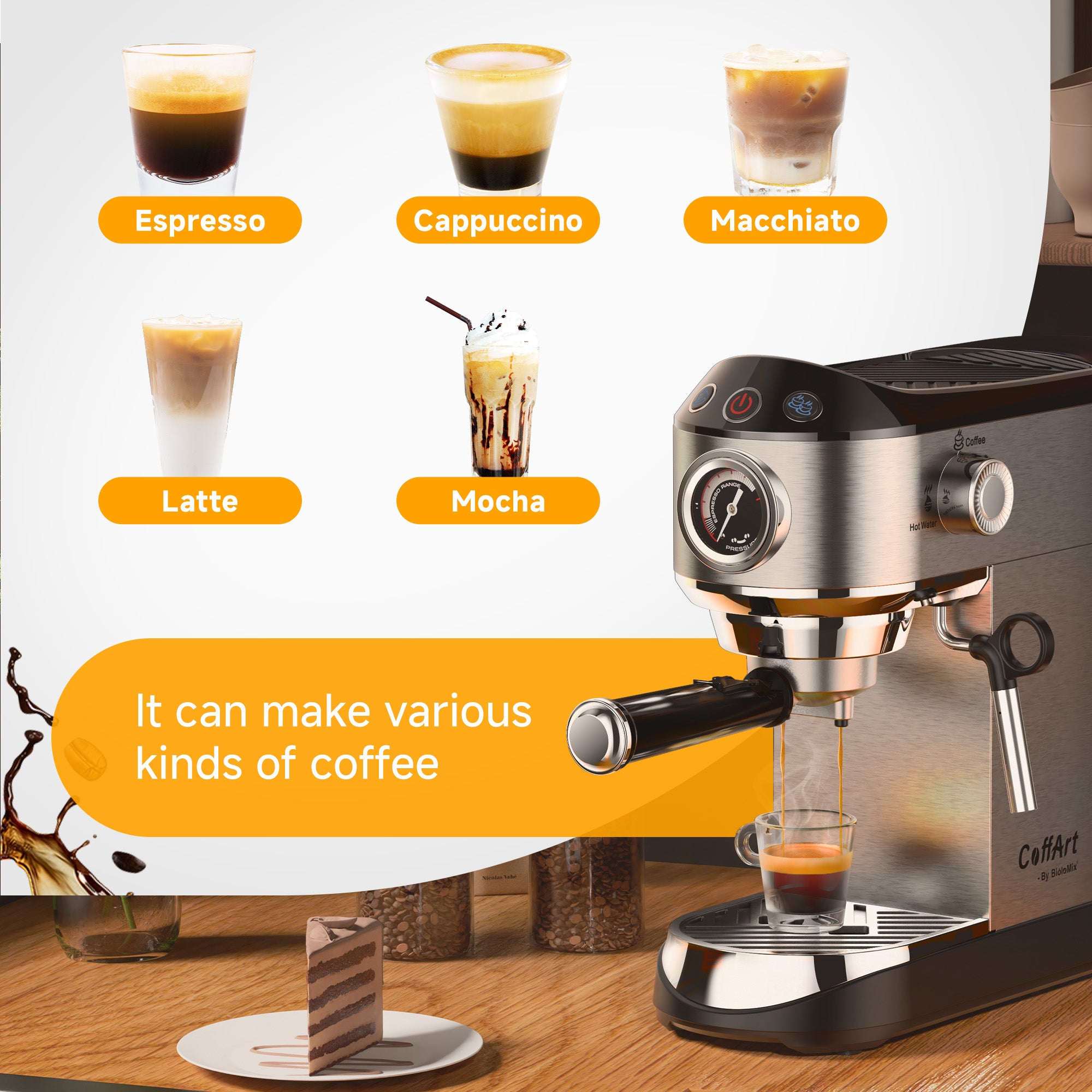 Ekspres do kawy BioloMix 20 Bar półautomatyczny z dyszą spieniającą do mleka do espresso, cappuccino, latte, mokki i specjalnych napojów kawowych