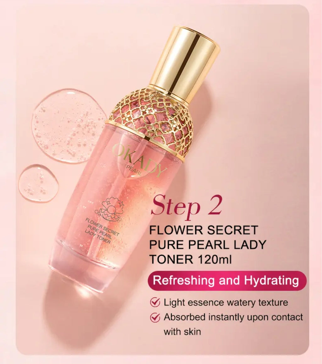 Zestaw na prezent OKADY Flower Secret Pure Pearl Lady Skin Care Set – Perłowa pielęgnacja anti-aging z efektem rozświetlenia i głębokiego nawilżenia