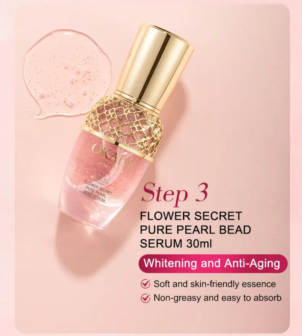 Zestaw na prezent OKADY Flower Secret Pure Pearl Lady Skin Care Set – Perłowa pielęgnacja anti-aging z efektem rozświetlenia i głębokiego nawilżenia