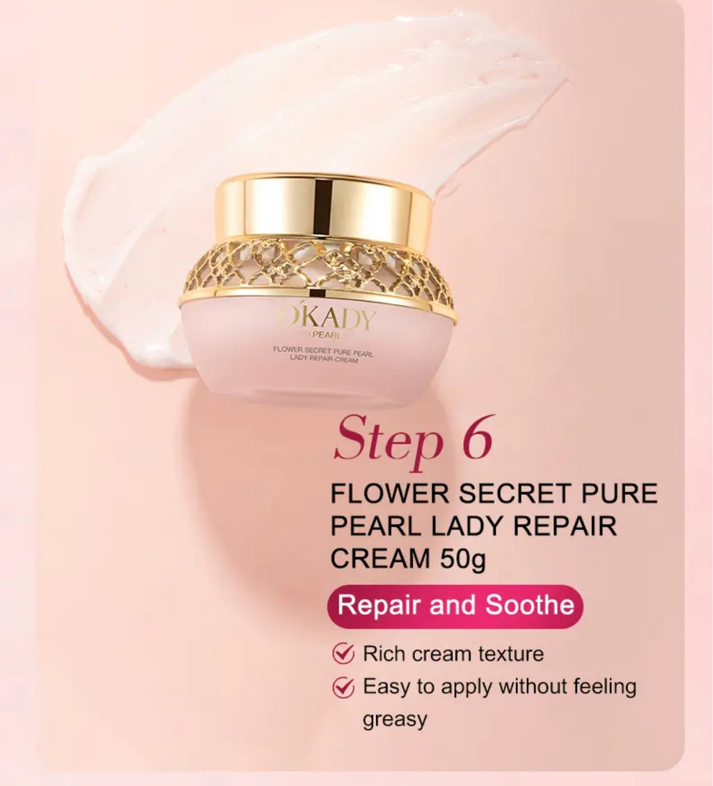 Zestaw na prezent OKADY Flower Secret Pure Pearl Lady Skin Care Set – Perłowa pielęgnacja anti-aging z efektem rozświetlenia i głębokiego nawilżenia