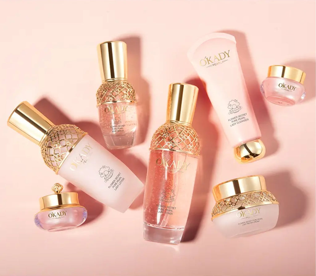 Zestaw na prezent OKADY Flower Secret Pure Pearl Lady Skin Care Set – Perłowa pielęgnacja anti-aging z efektem rozświetlenia i głębokiego nawilżenia