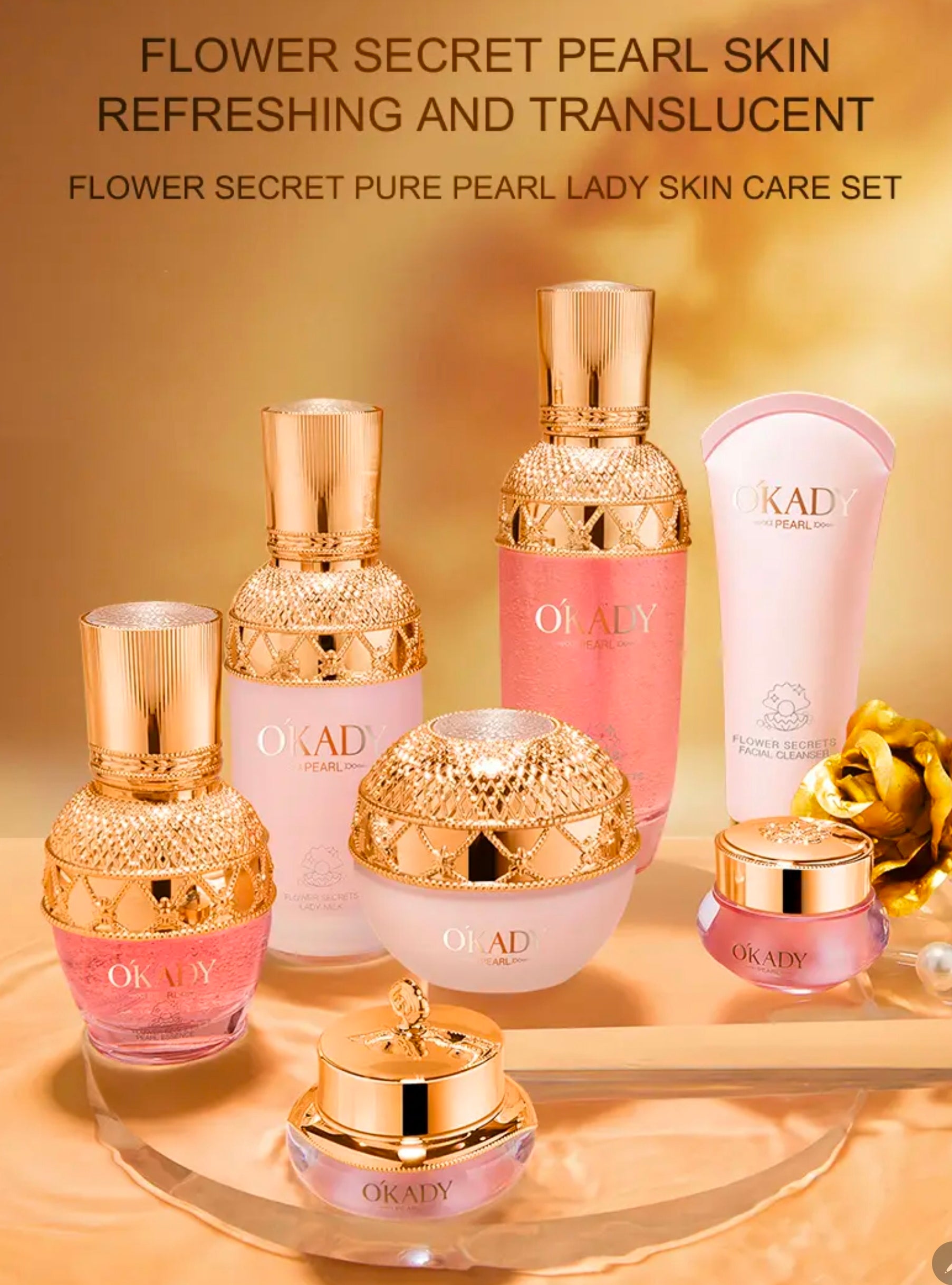 Zestaw na prezent OKADY Flower Secret Pure Pearl Lady Skin Care Set – Perłowa pielęgnacja anti-aging z efektem rozświetlenia i głębokiego nawilżenia