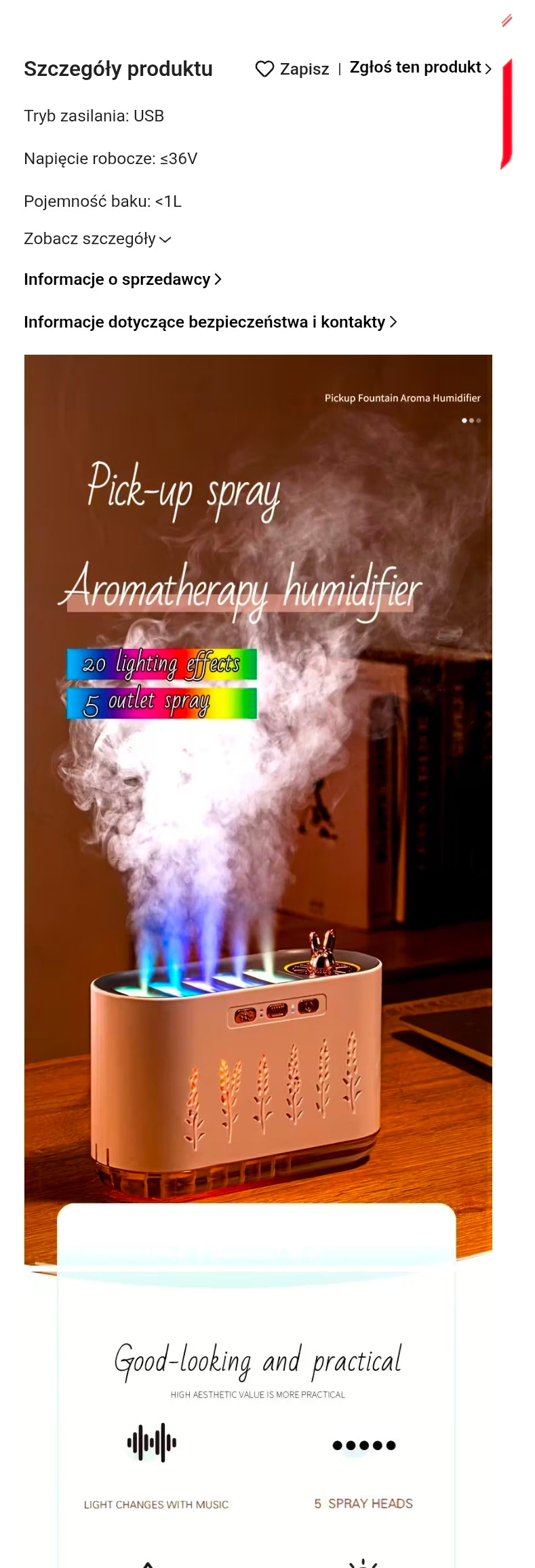 Nawilżacz powietrza LED 700 ml z 5 dyszami i aromaterapią.Kolorowa mgiełka