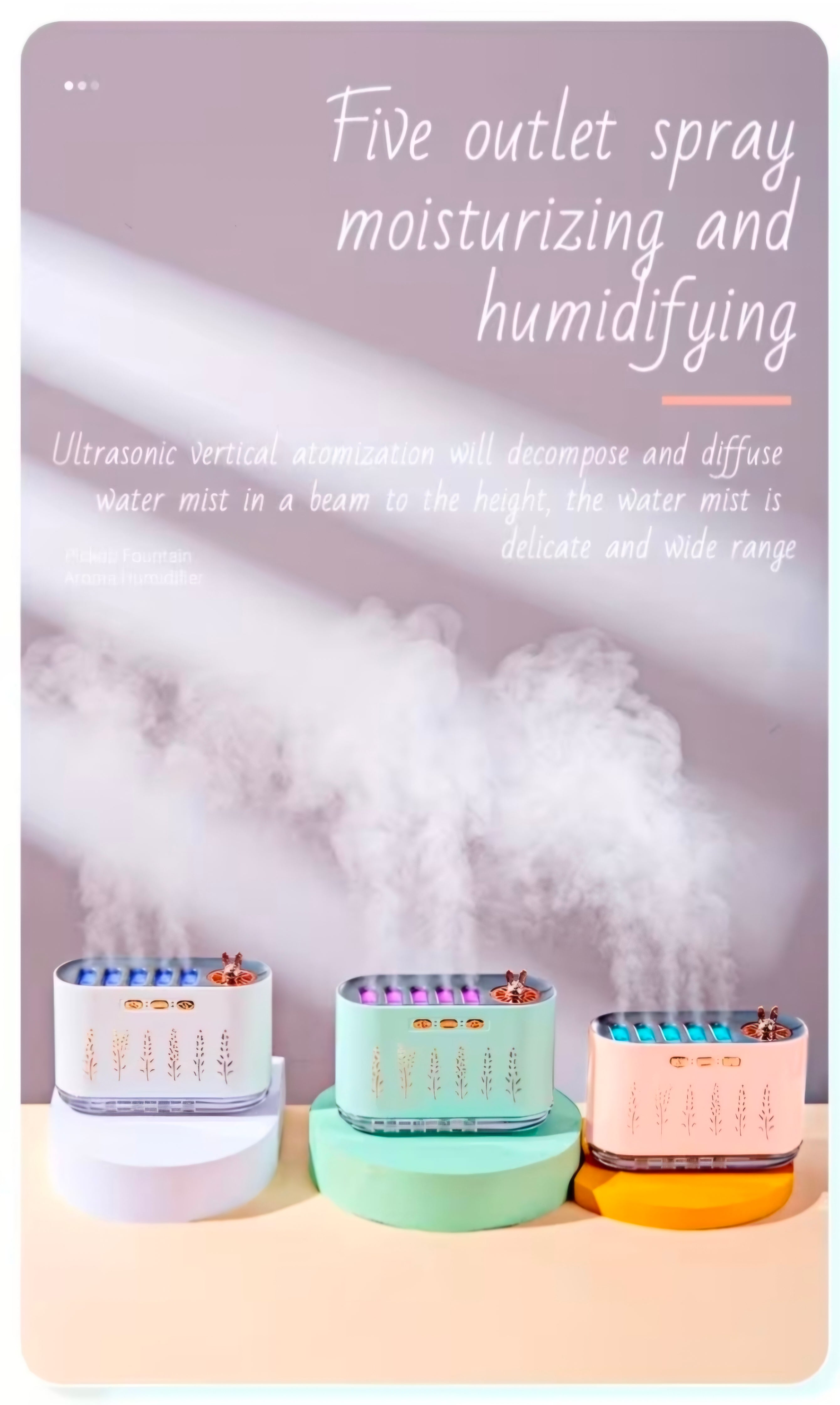 Nawilżacz powietrza LED 700 ml z 5 dyszami i aromaterapią.Kolorowa mgiełka