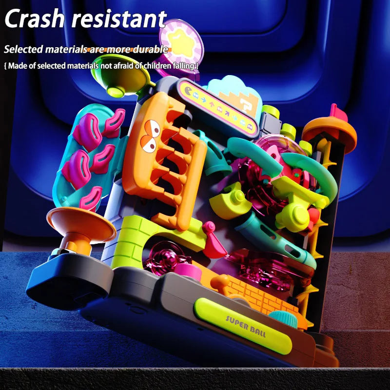 Edukacyjna zabawka Montessori — wielowarstwowa torowa gra przygodowa z torem kulkowym; interaktywny model rozwijający myślenie dla dzieci.