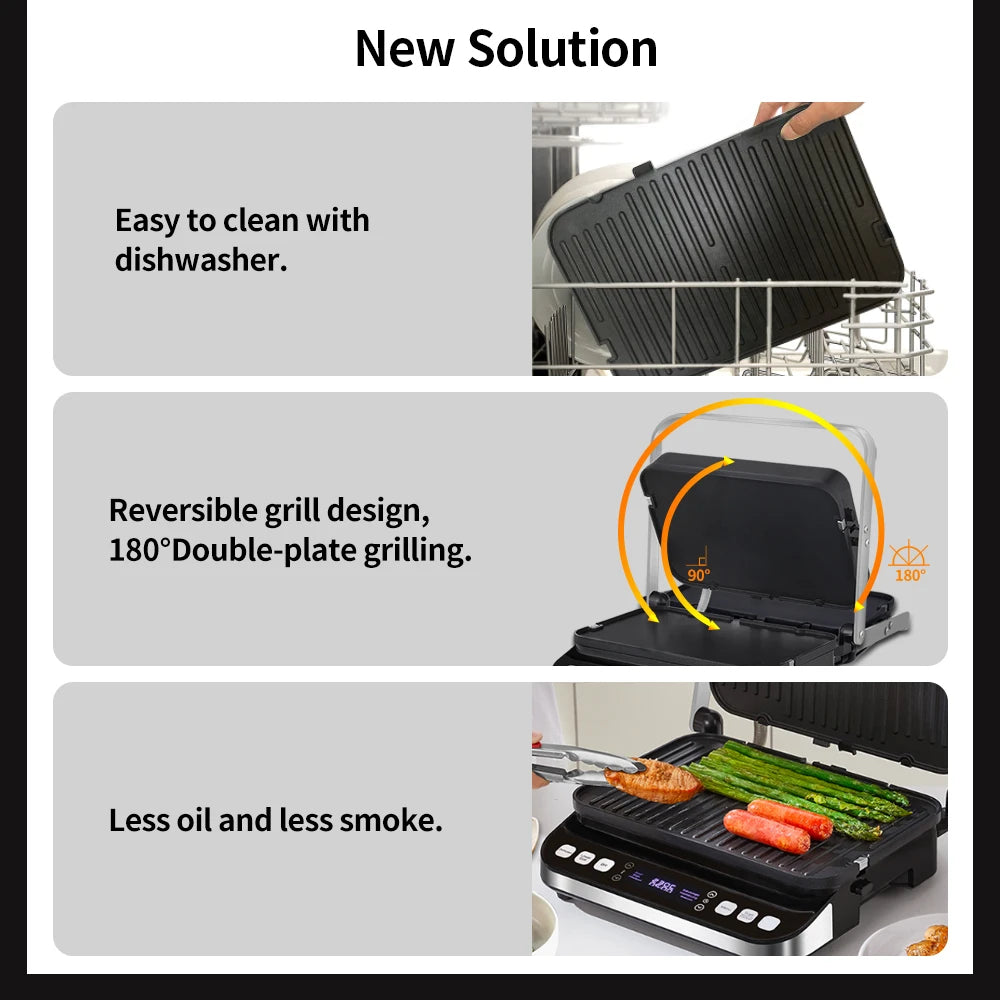 Cyfrowy grill kontaktowy BioloMix 2000 W z otwartą konstrukcją o kącie 180 stopni i opcjonalnymi płytami do gofrów do panini BBQ i nie tylko