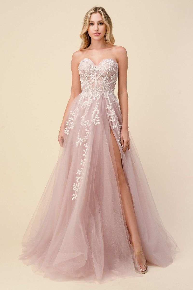 Angelonia Diamond Strapless Glitter Corset Long Prom Dress