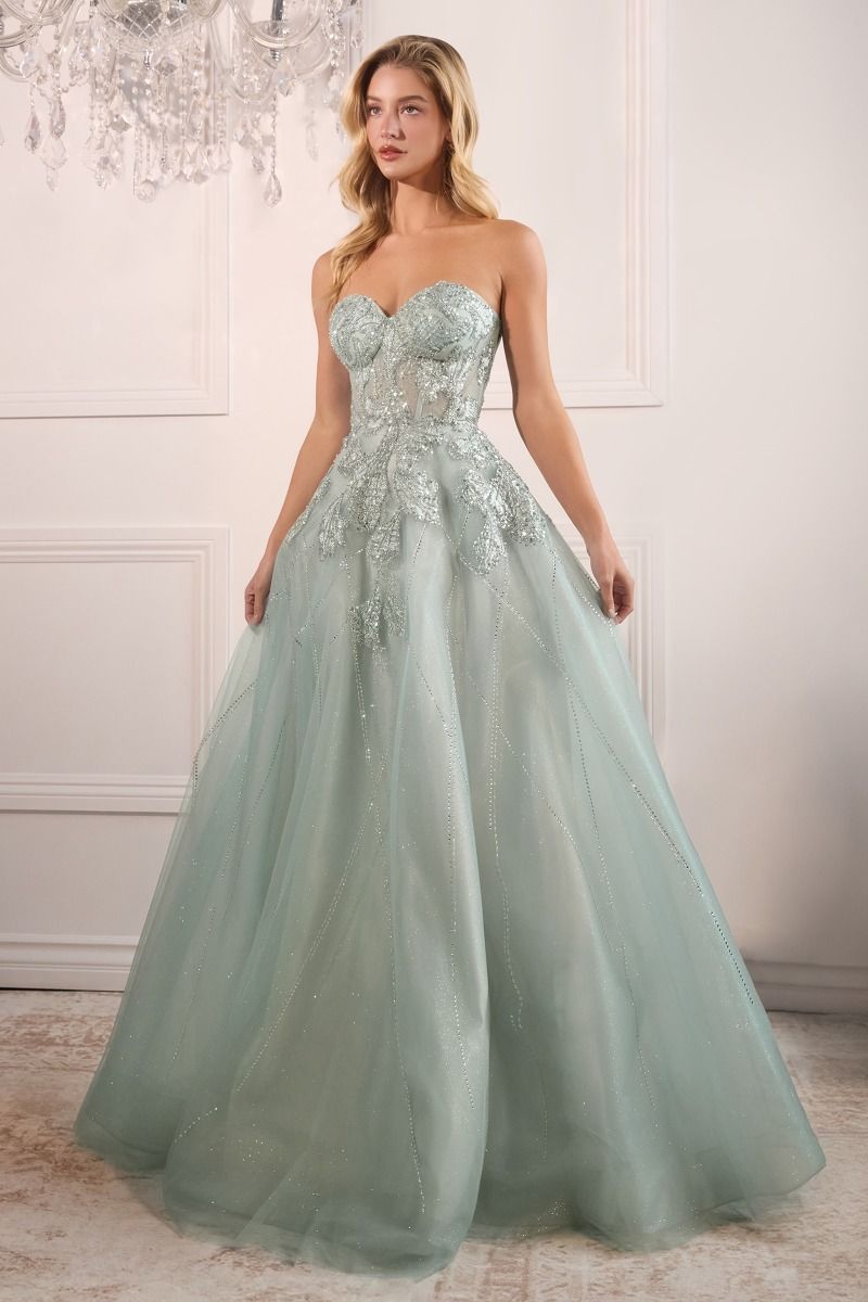 STRAPLESS EMBELLISHED TULLE BALL GOWN