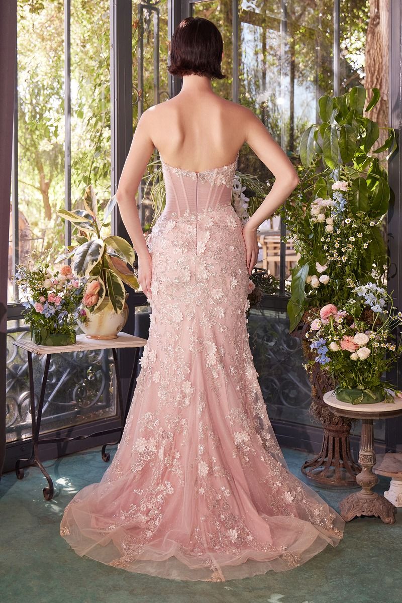 3D Floral Strapless Corset Gown with High Slit & Embellished Tulle Skirt